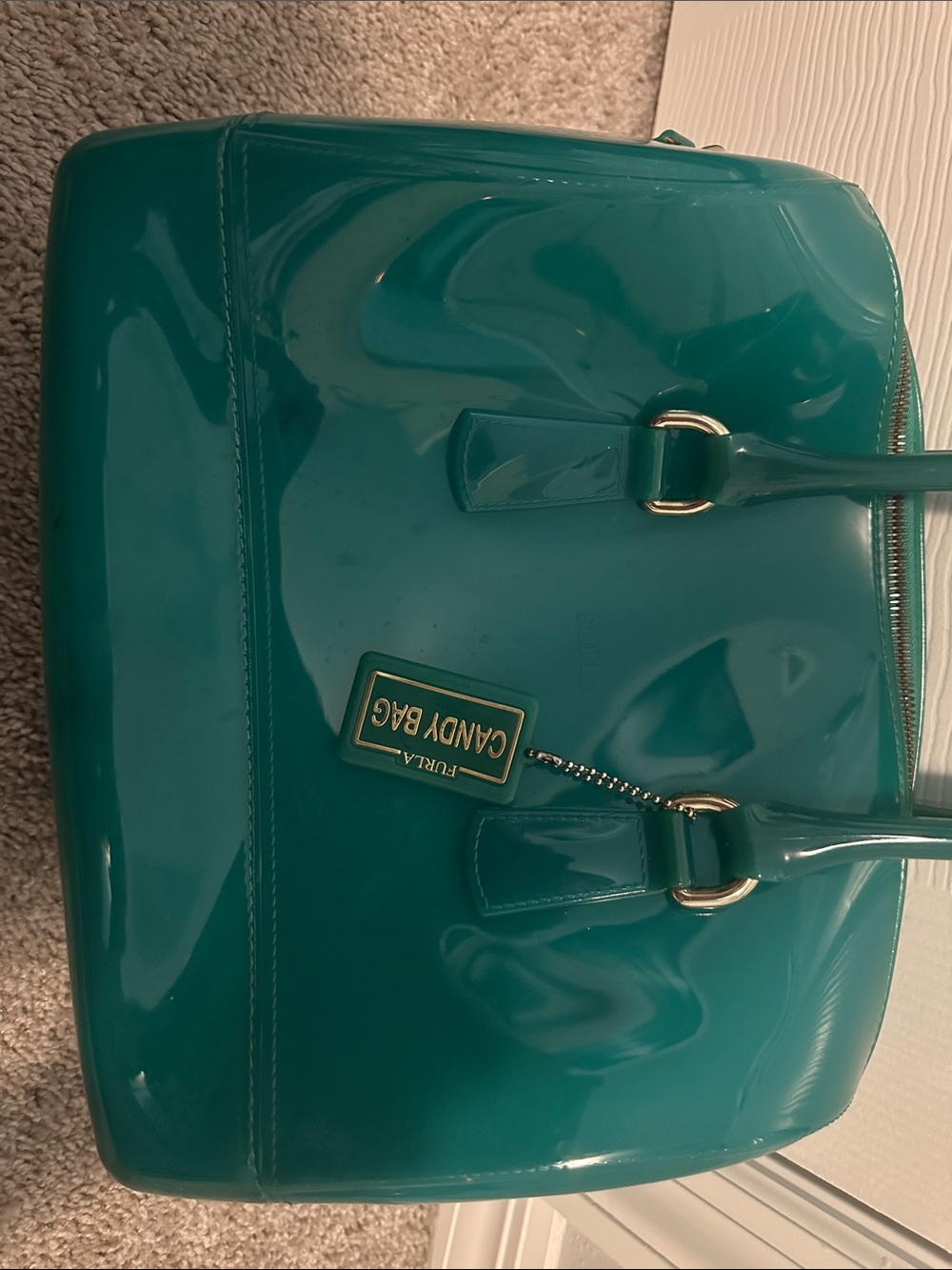 Furla Green Patent Satchel with Gold Hardware